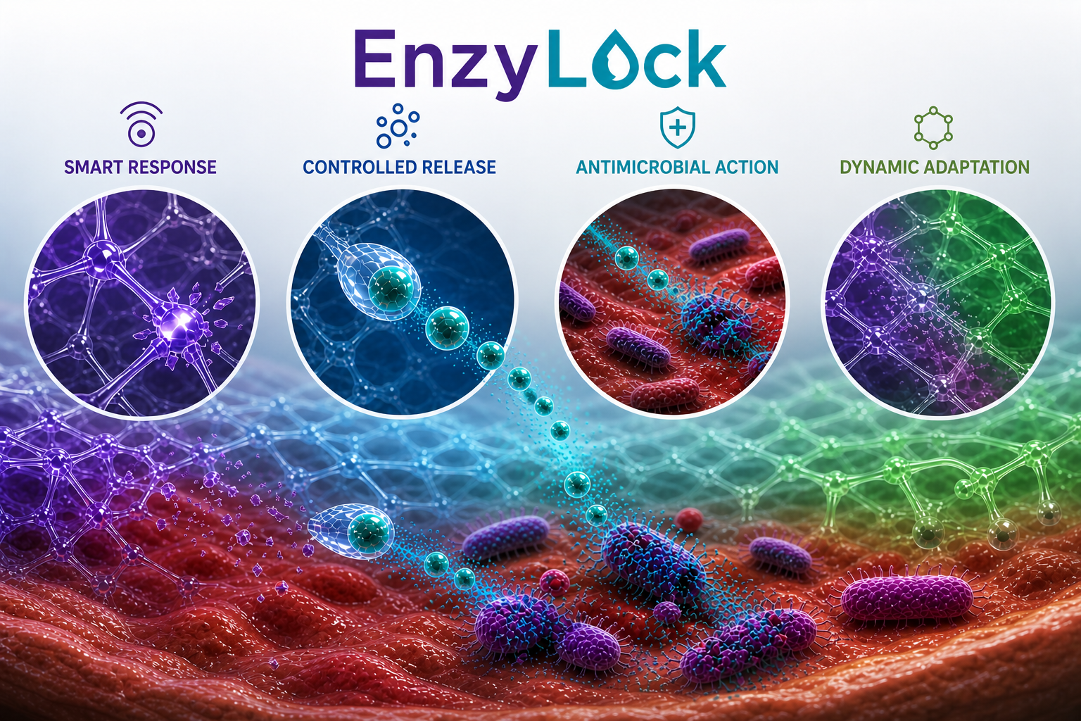 EnzyLock Smart Hydrogel Platform diagram showing the four-step mechanism of action
